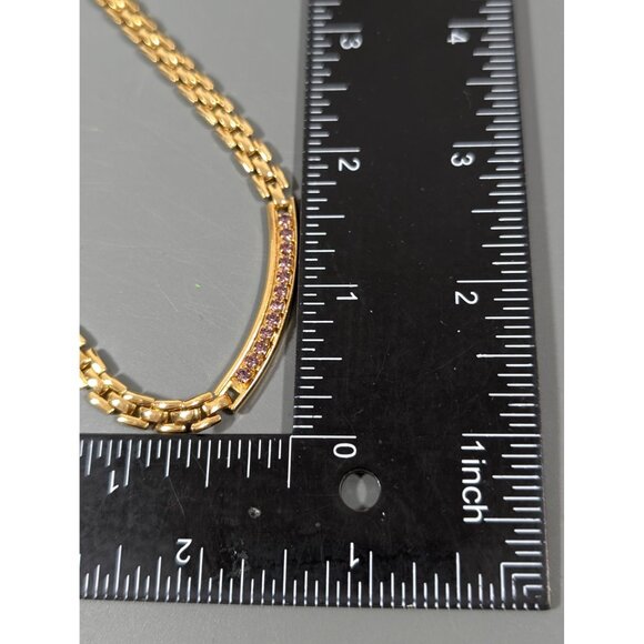 Gold Tone Panther Link Chain Pink Rhinestone Birthstone Statement Necklace 18" - Picture 11 of 11